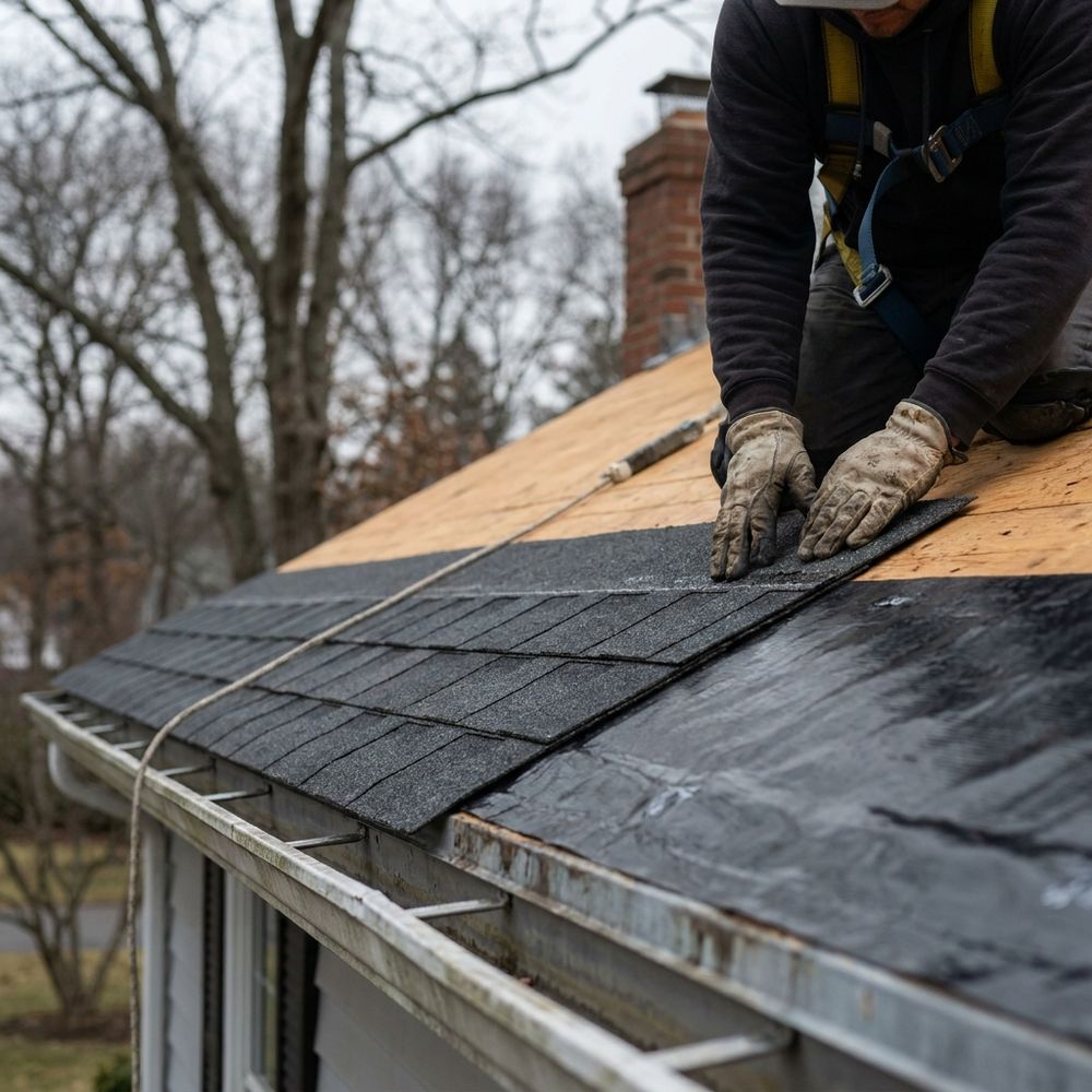 Self-adhered ice and water shield membrane rolled along the eave over clean roof decking, with metal drip edge and the first course of charcoal shingles