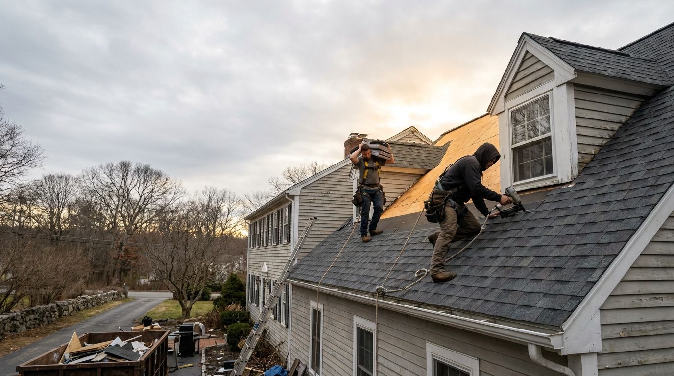 Two roofers in fall-protection harnesses setting charcoal architectural shingles during a roof replacement on a New England colonial home