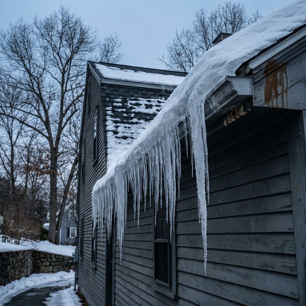 A thick ridge of ice and long icicles built up along the gutter and eave of a New England colonial in deep winter