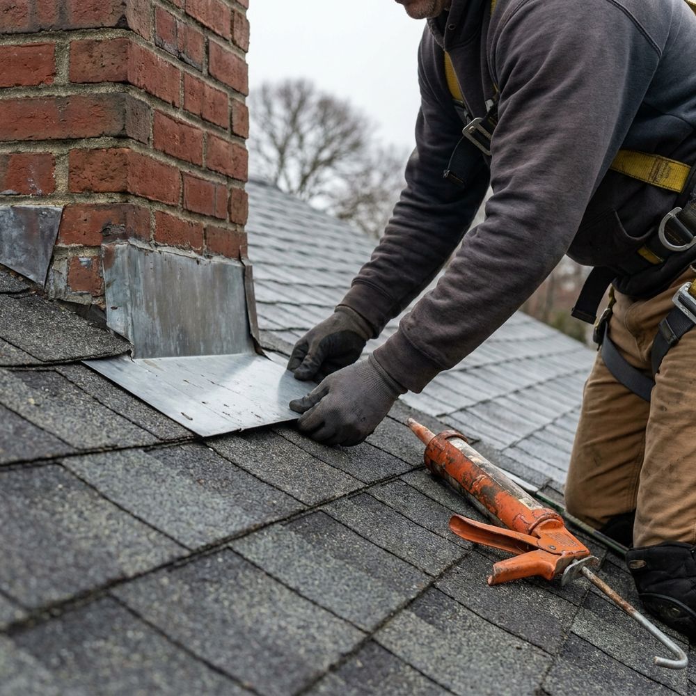 Gloved hands fitting new step flashing where a roof slope meets a brick chimney