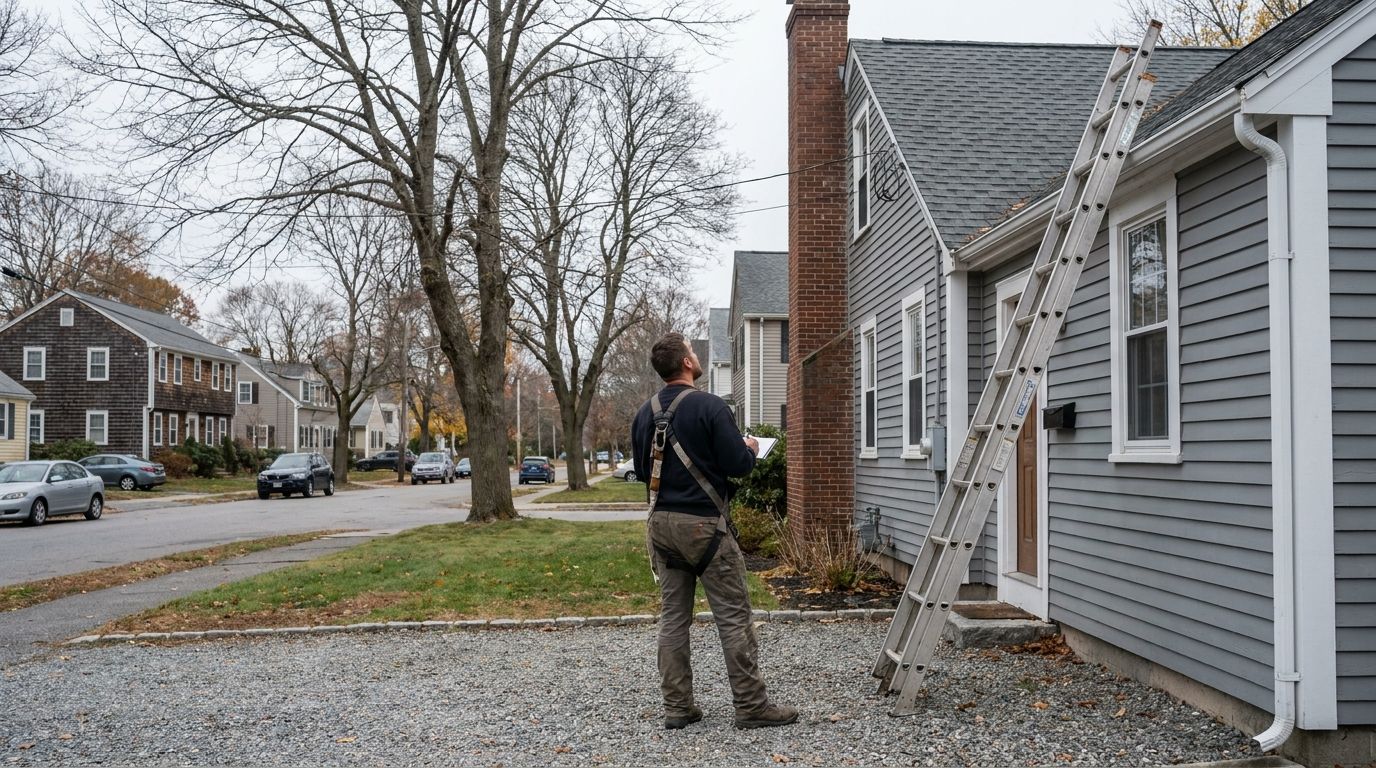 Roofer in a driveway beside an extension ladder set against the eave of a gray New England colonial, looking up at the roof line and making notes on an overcast morning