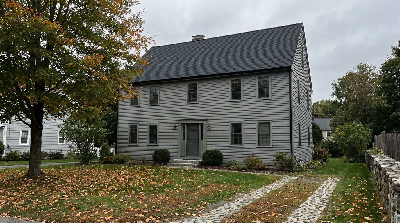 A New England colonial with a newly finished charcoal architectural shingle roof, photographed in early autumn with turning maple leaves on the front lawn.