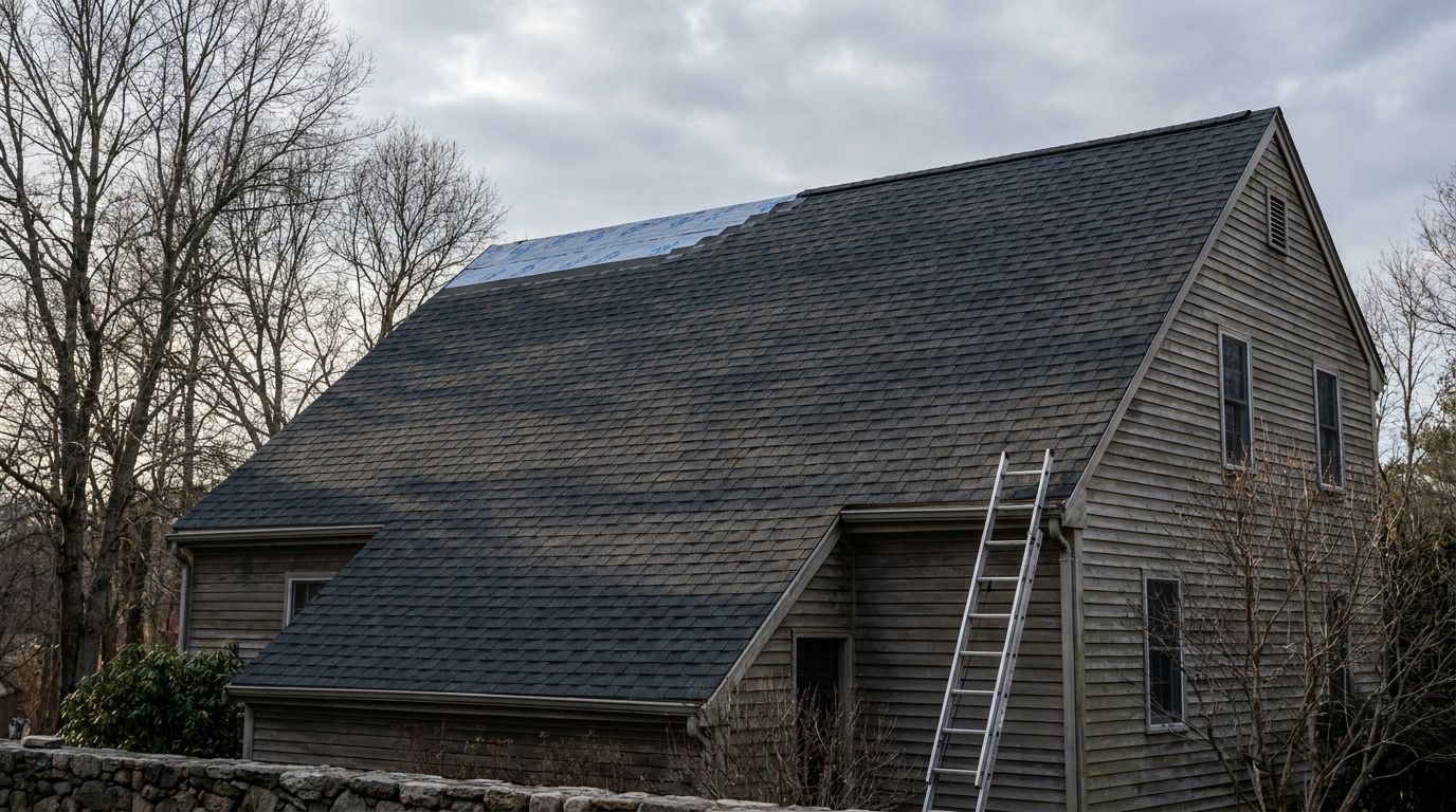 A New England colonial late in the working day with most of the main slope already covered in fresh charcoal architectural shingles, a small section of underlayment still exposed near the ridge and a ladder standing against the eave