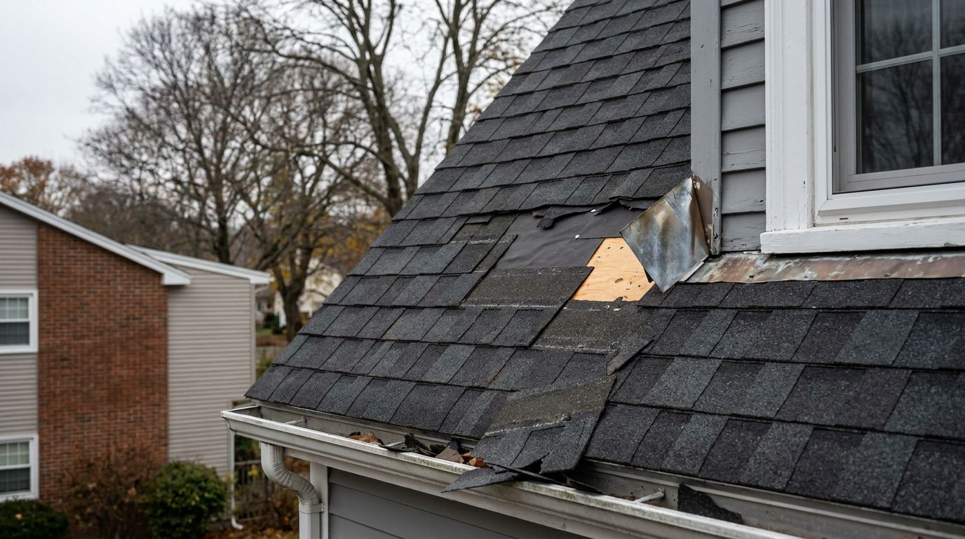 Wind-torn shingles on a New England colonial roof exposing black underlayment and bare plywood decking, with a displaced piece of metal flashing beside a dormer wall