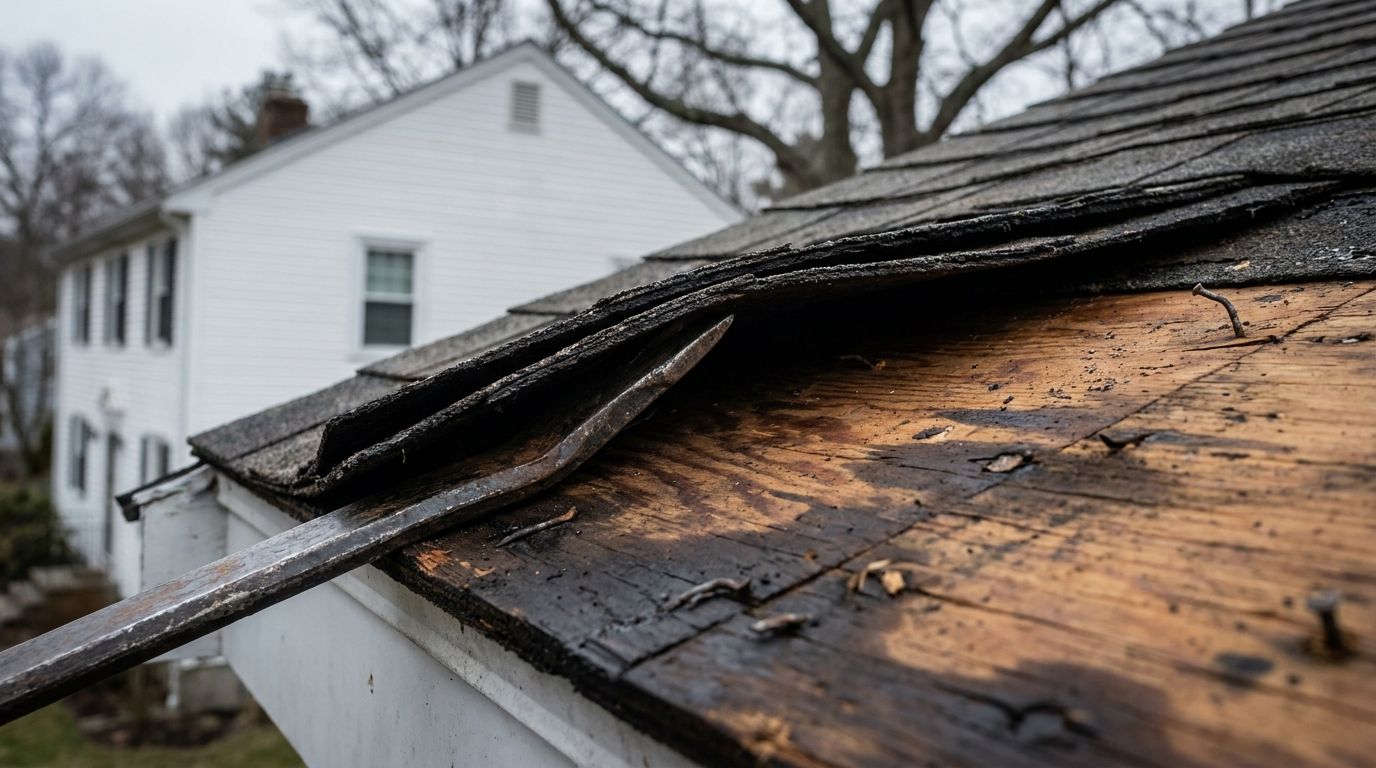 Two stacked layers of old asphalt shingles pried back at the eave of a New England roof, exposing dark water-stained wood decking underneath