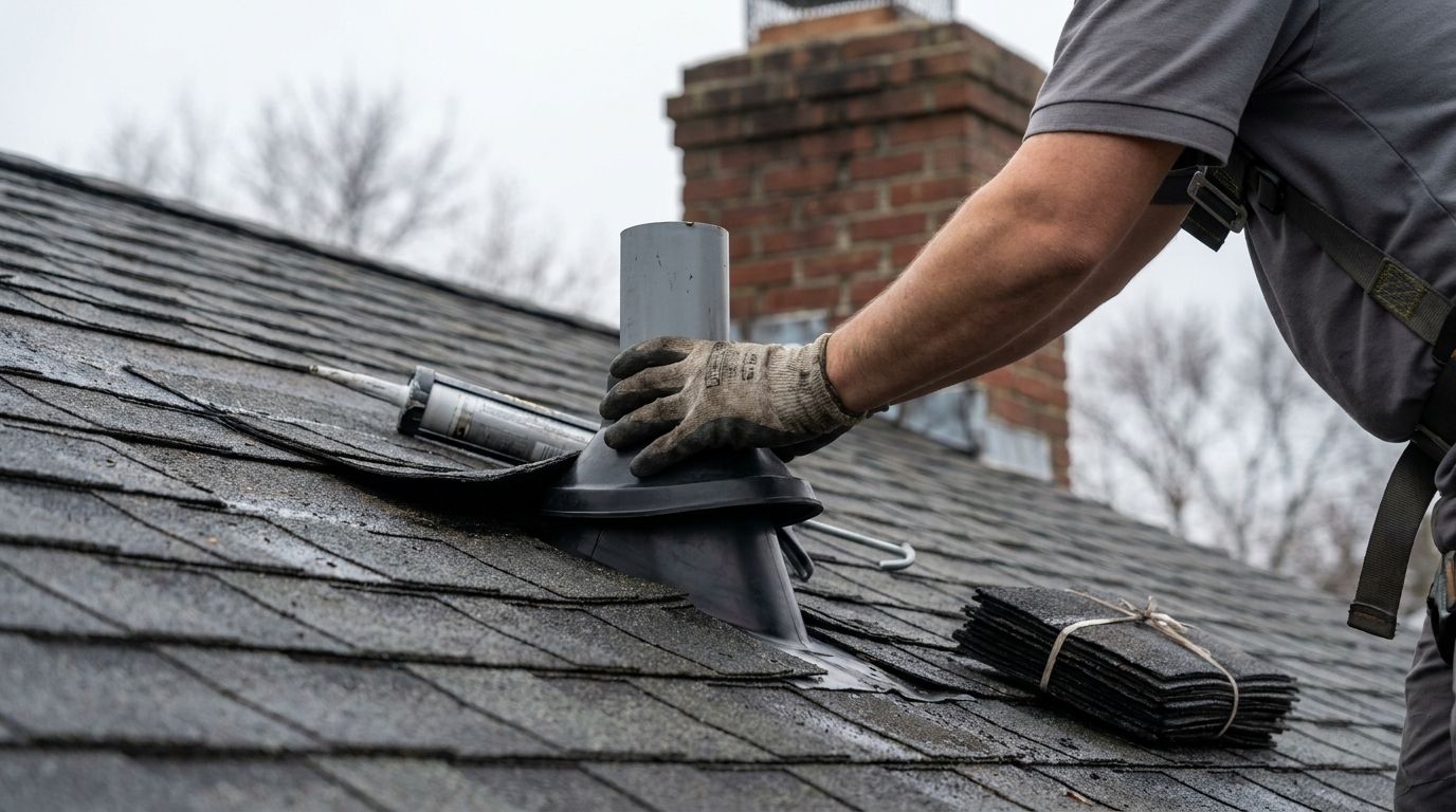 A gloved roofer fitting a new rubber pipe boot over a vent stack on a charcoal shingle roof, caulk gun and replacement shingles resting on the slope beside it