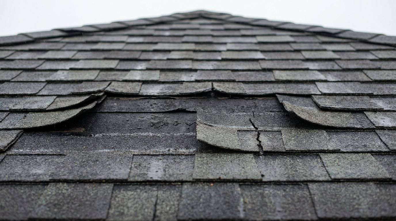 Close view of a worn asphalt shingle roof with curled and cupped shingle edges, bald patches where the granules have worn away, and a cracked tab