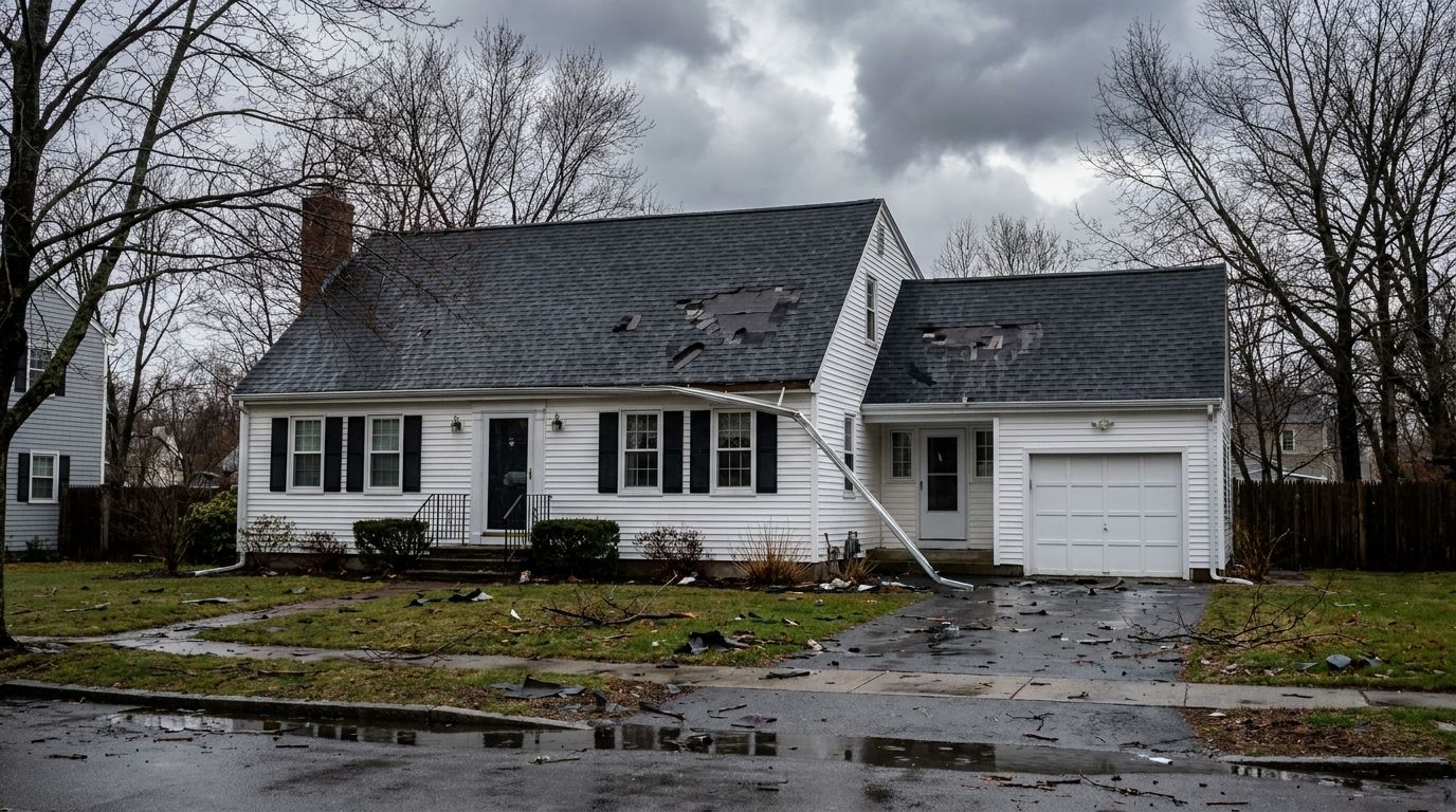 A white cape-style home the morning after a nor'easter, with shingles missing from one roof slope, torn shingle pieces scattered across the wet lawn and driveway, and a downspout pulled loose from the wall.