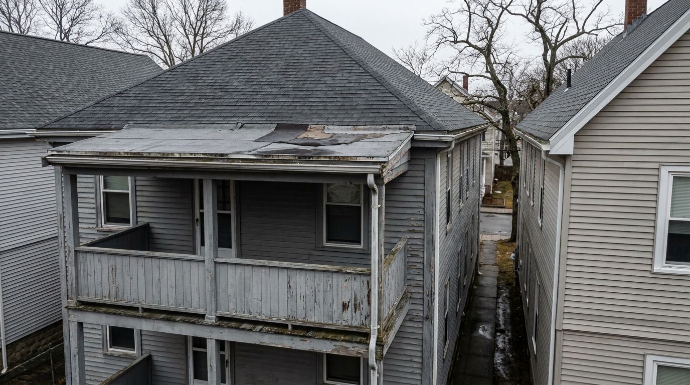 Rear of a Somerville two-family: a stacked wooden porch with a worn, patched low-slope roof meeting the main pitched shingle roof at a wall junction, with a narrow gap to the house next door