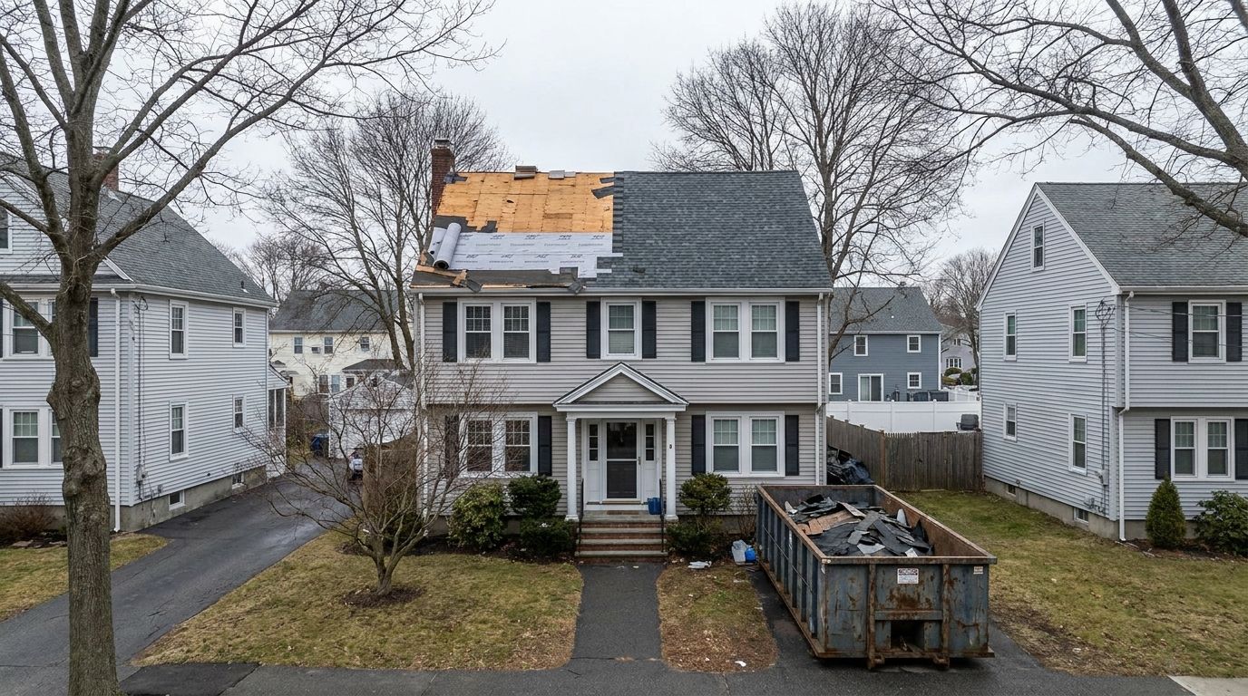 A Medford colonial mid roof replacement, half the main slope stripped to bare decking with underlayment going down and the other half covered in new charcoal architectural shingles, dumpster in the driveway under mature trees