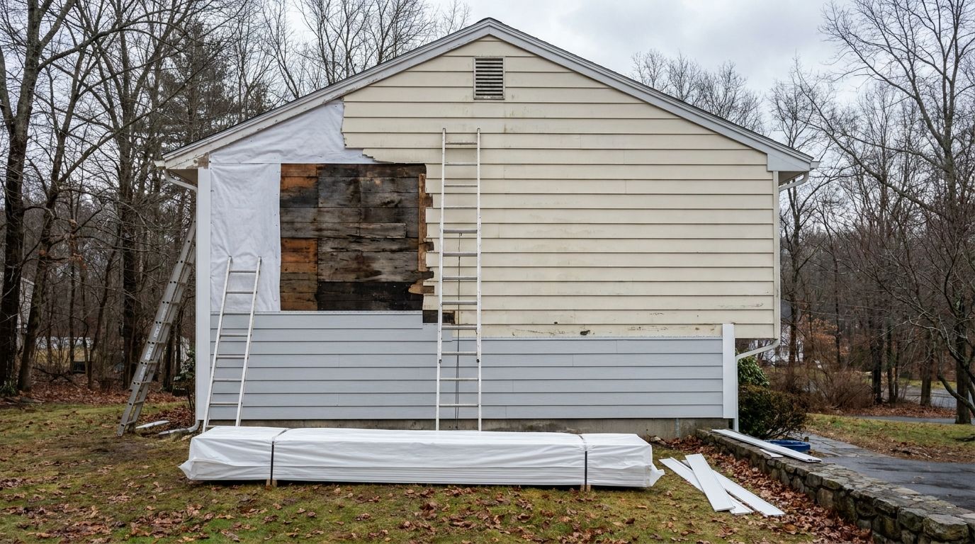 Side wall of a Woburn split-level mid-siding-replacement: one section stripped to house wrap over dark rotted sheathing, faded cream aluminum siding still on the upper wall, new pale gray lap siding started along the bottom courses