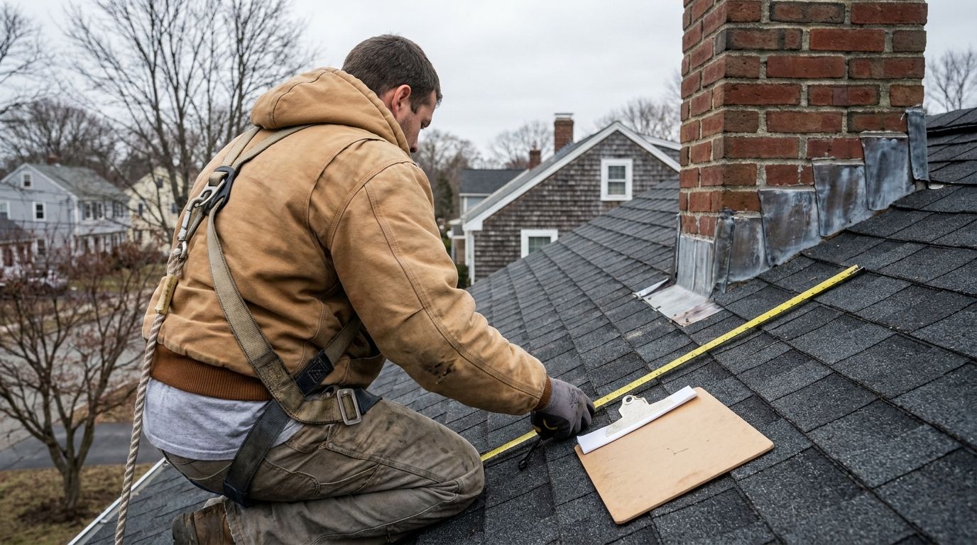 Roofer in a fall-protection harness kneeling beside a brick chimney, running a tape measure along a charcoal shingle roof with a clipboard beside him