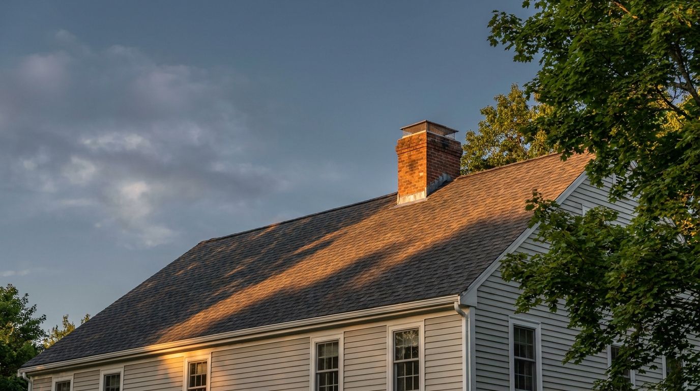 Late afternoon light raking across a completed charcoal architectural shingle roof with brick chimney on a New England colonial