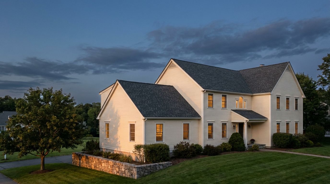 White clapboard New England colonial at dusk with a charcoal architectural asphalt shingle roof, lit windows and a low fieldstone garden wall