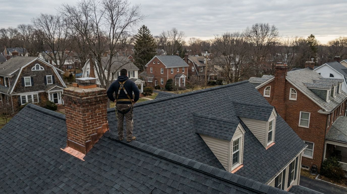 A roofer in a fall-protection harness standing on a finished charcoal architectural shingle roof beside a brick chimney with copper counterflashing, looking out over a New England neighborhood of colonials and capes on a grey afternoon