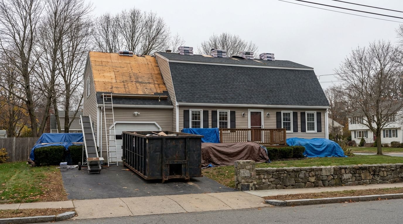 A New England colonial mid-roof-replacement, with a dumpster in the driveway, a ladder and shingle conveyor at the eave, tarps over the shrubs and deck rail, and half the roof stripped to bare decking