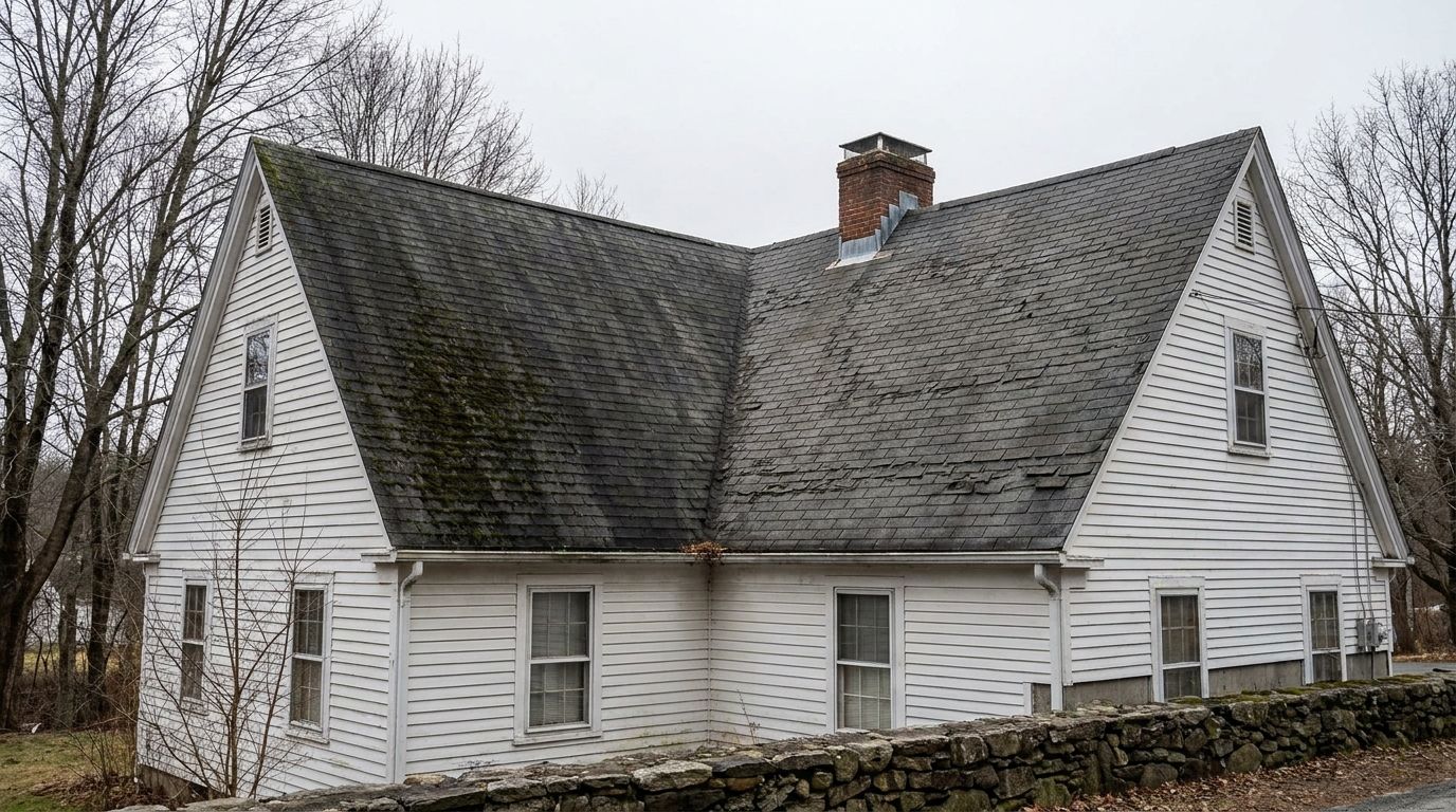A New England colonial with two visibly different roof slopes meeting at the ridge: a moss-darkened shaded slope on the left and a sun-worn slope with lifting, weathered shingles on the right, under a flat grey sky.
