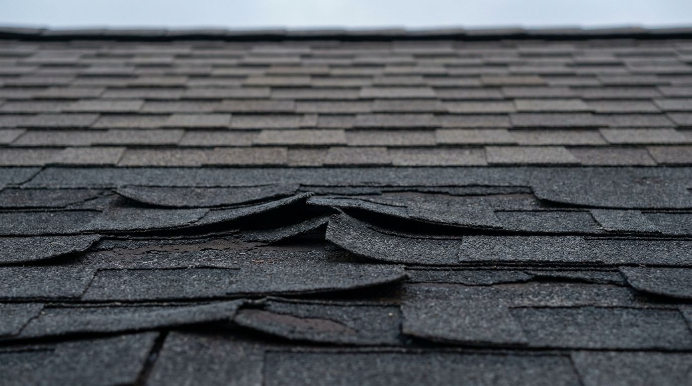 Close view of an aging asphalt shingle roof where curling, granule-worn shingles meet a section of flat, sound newer shingles under overcast New England light