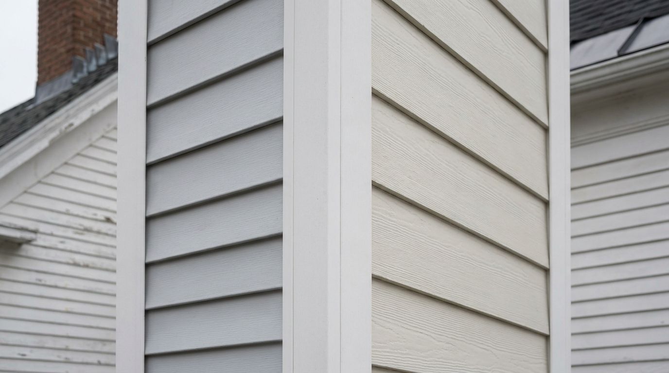 Outside corner of a New England house where smooth pale gray vinyl lap siding on one wall meets thicker, woodgrain-textured fiber cement lap siding on the other, separated by a white corner board