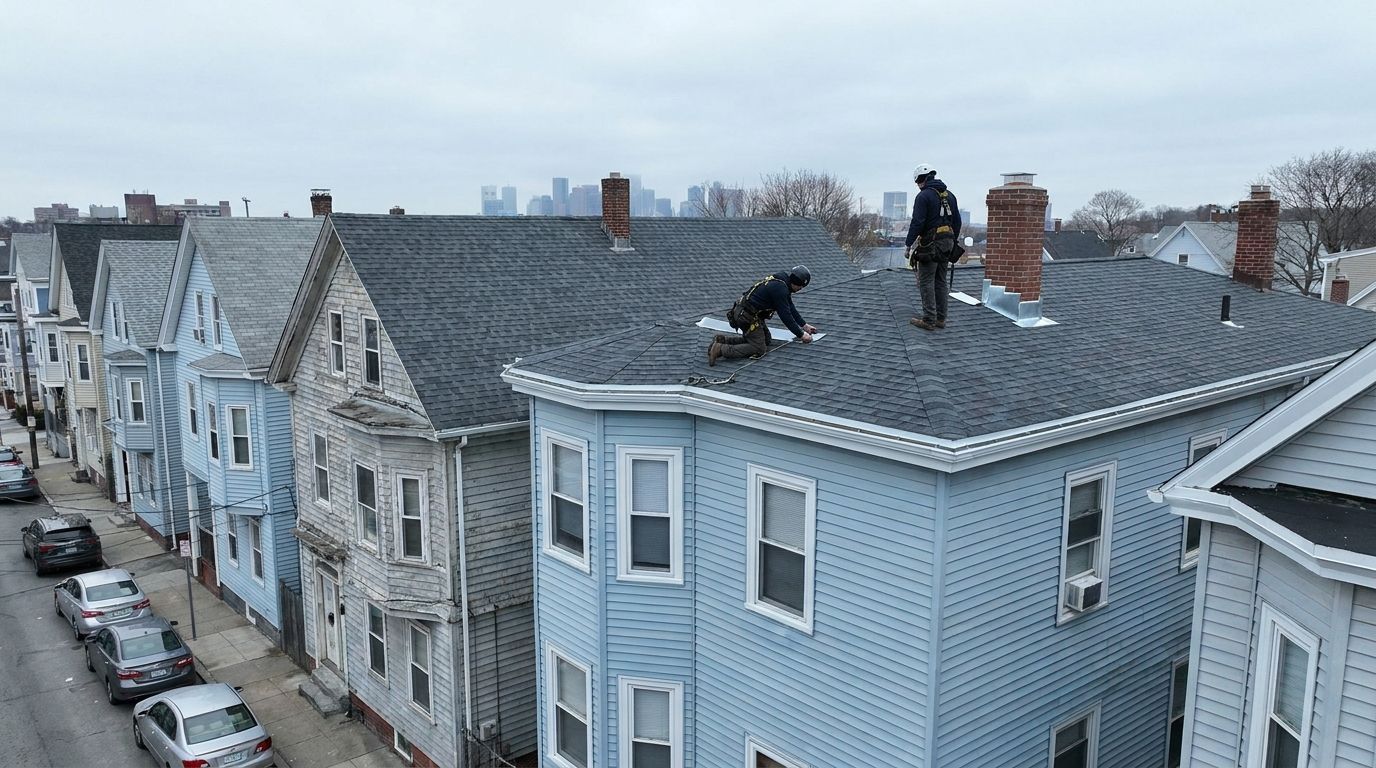 Two roofers in harnesses working on the shallow-hip roof of a Boston triple-decker, with a row of closely packed three-family houses, brick chimneys and the downtown skyline faint behind them under a grey sky