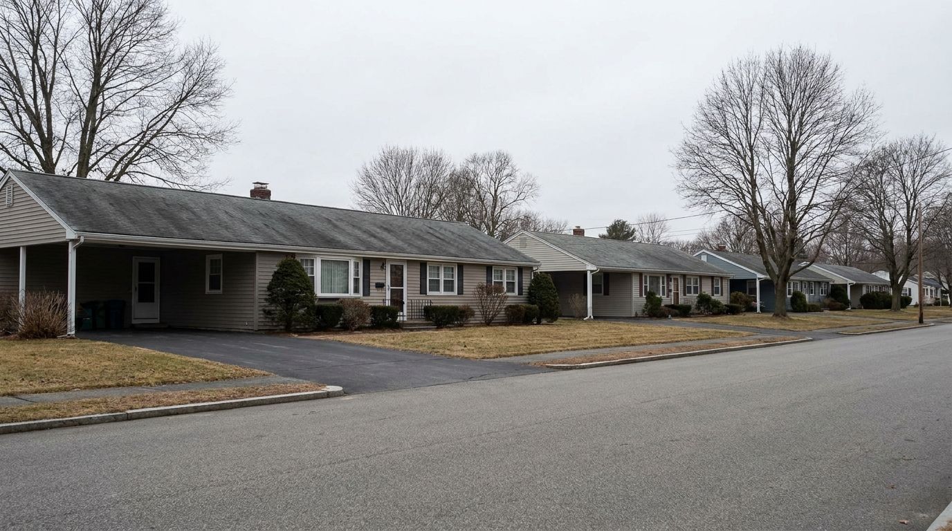 A row of low-pitch post-war ranch houses with weathered charcoal asphalt shingle roofs along a wide suburban Burlington street under flat overcast light