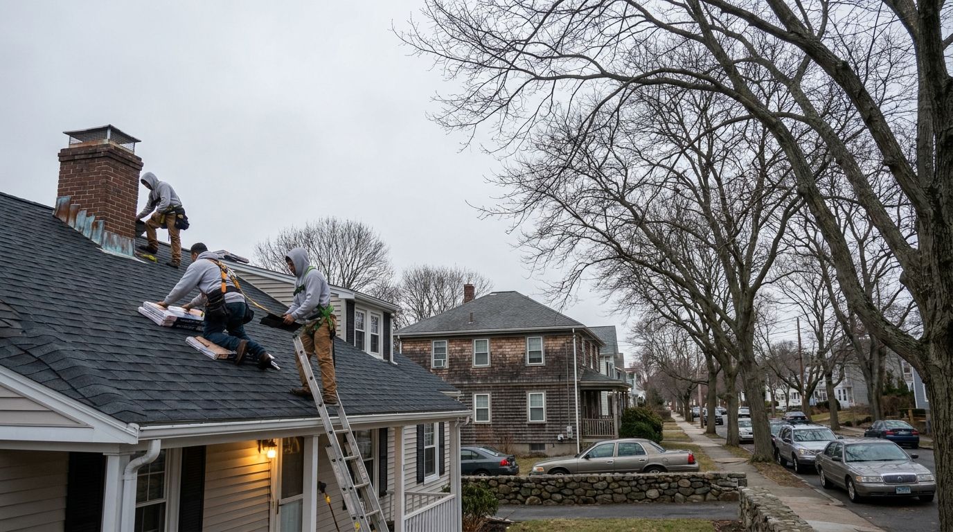 Roofers in harnesses carrying shingle bundles up a charcoal asphalt roof beside a brick chimney, on a tree-lined Medford street of two-family homes with a low stone wall under an overcast sky