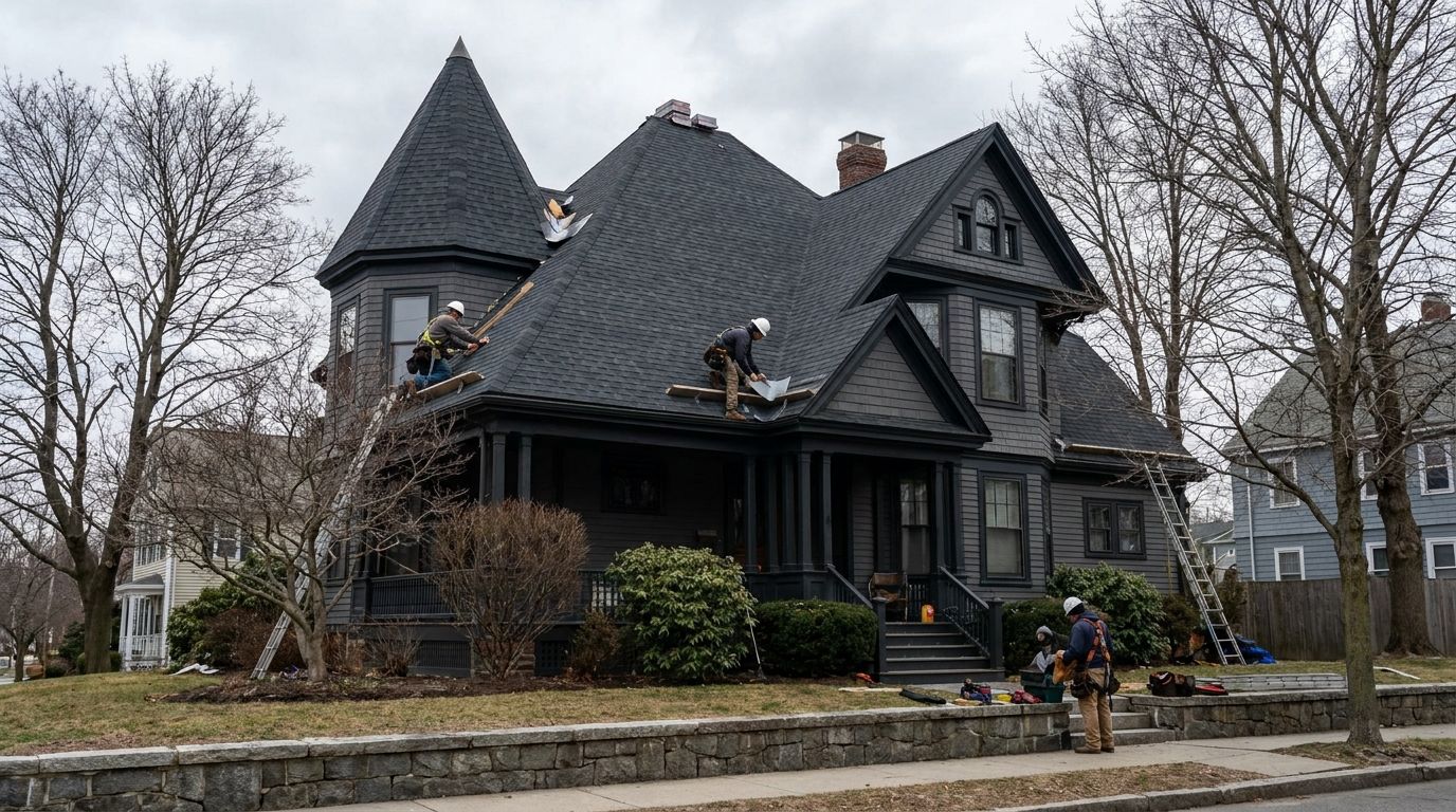 Roofers in harnesses working on a dark grey Melrose Victorian with a corner turret, intersecting gables and dormers, tearing off charcoal shingles on a steep pitch under an overcast sky