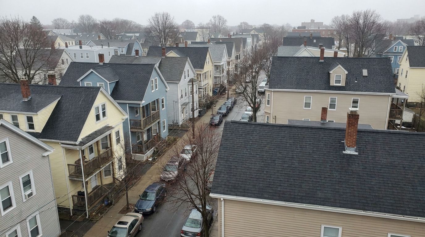 Overcast view down a narrow Somerville street lined with closely spaced two- and three-family houses with dark asphalt gable roofs, stacked rear porches and cars parked along both curbs