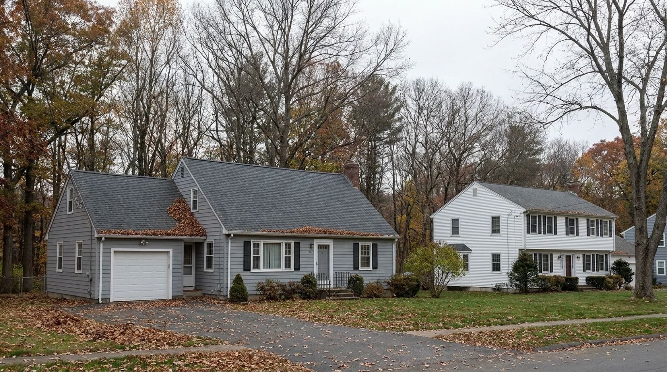 A cape and a colonial side by side on a wooded Stoneham street, fallen leaves packed into the roof valleys and gutters beneath bare autumn trees