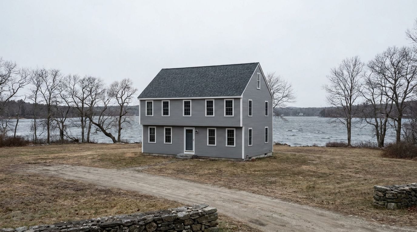 A New England colonial with a charcoal asphalt shingle roof on an open lot near a large lake under flat overcast winter light