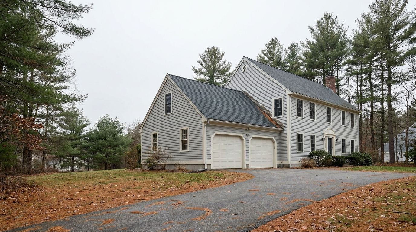 A New England colonial with an attached two-car garage and a room above it, charcoal architectural shingles, set back on a large lot with mature pines under overcast daylight