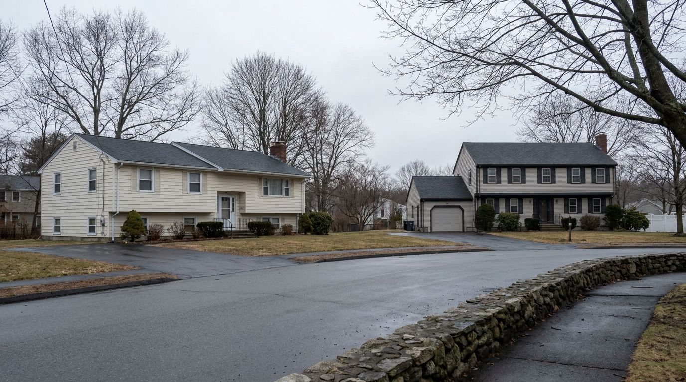 A cream-sided 1960s split-level with two charcoal shingle roof planes at different heights, next to a two-story colonial across a wide Woburn street with driveways, a fieldstone wall and bare trees under an overcast sky