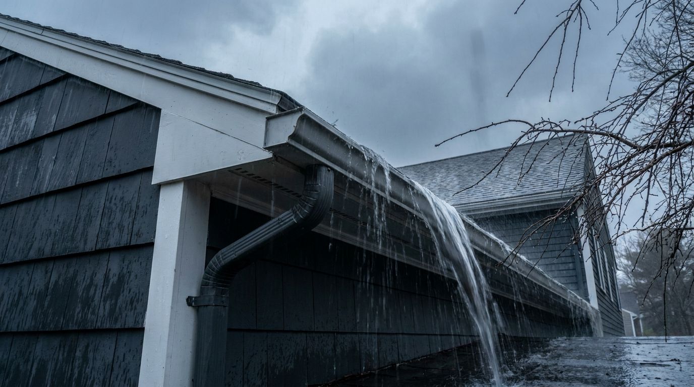 Rain sheeting off the eave of a New England colonial during a storm and overflowing the gutter, running past wet white fascia and dark clapboard siding under a heavy grey sky