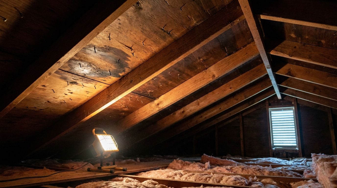 Interior of a residential attic lit by a work light, showing nail points through the underside of the roof sheathing, a dark water-stained patch near the eave, fiberglass insulation between the joists and daylight through a vent at the gable end.