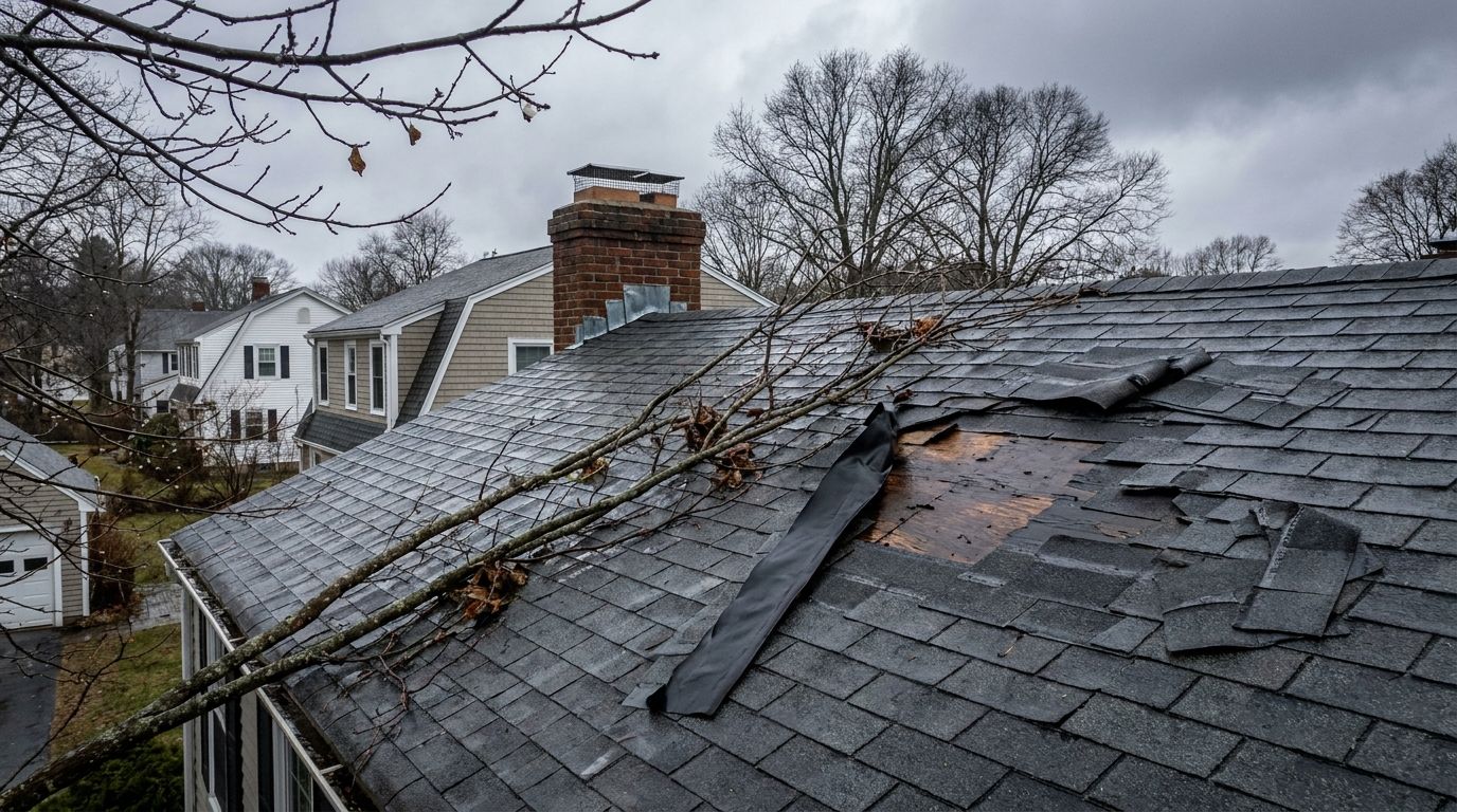 Storm-damaged charcoal asphalt shingle roof on a New England home, with a section torn away to bare decking, loose underlayment and a fallen tree limb across the slope under a heavy gray sky