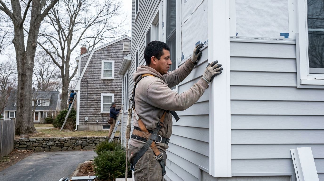 A gloved hand locking a course of pale grey vinyl lap siding into the course below on a New England home, with white J-channel and corner post installed and house wrap visible beyond