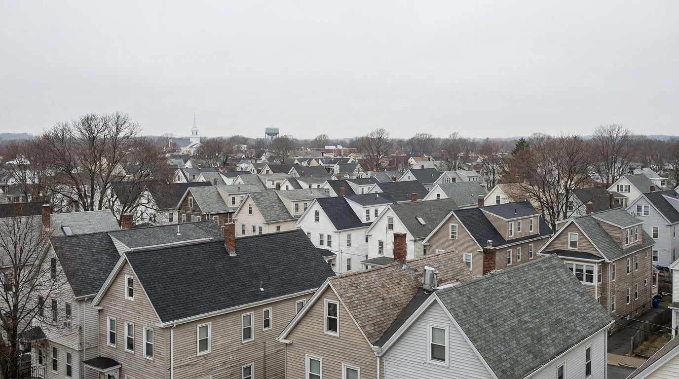 Elevated view over the closely spaced gable roofs of a Boston-area neighborhood on an overcast day, asphalt shingles in varying shades of grey with a church steeple and water tower on the horizon