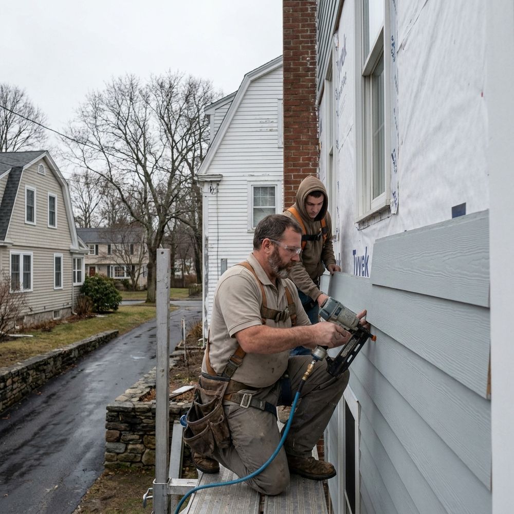 Fiber cement siding courses going up over house wrap on a New England colonial, with corner boards and window casings in place